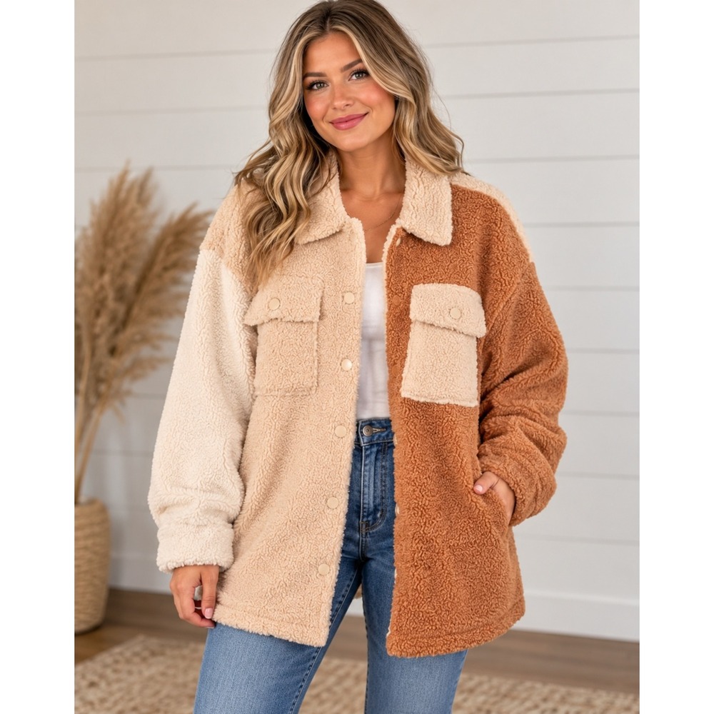 164. Entro Colorblock Sherpa Fleece Shacket Jacket Women's Size M